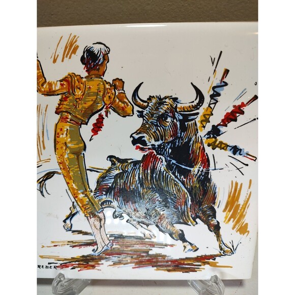 Vintage Tile CERAMIC BULLFIGHTER  MADE IN SPAIN 6" X 6" Tile Matador And Bull - Picture 6 of 8